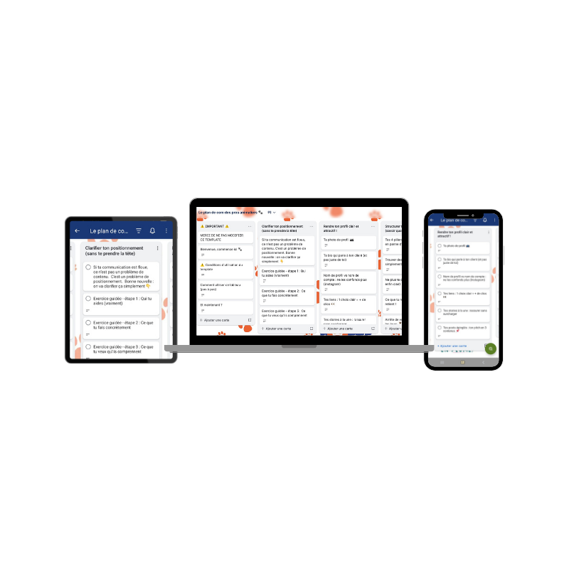 Aperçu de la Méthode Trello : le tableau de communication affiché sur ordinateur, tablette et smartphone